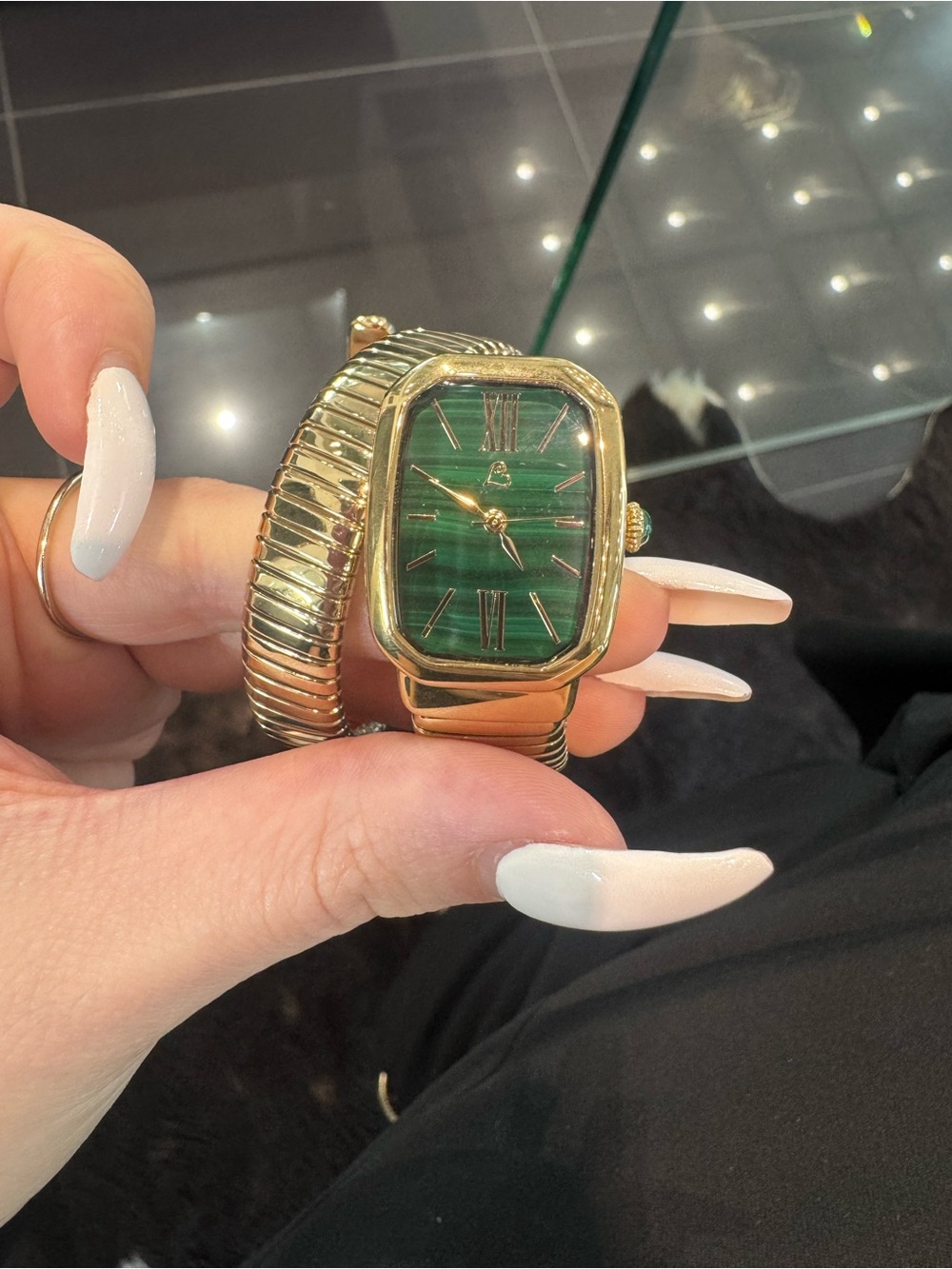 Colleen Lopez Yellow Gold-Tone Tubogas Coil Wrap Watch with Green Malachite Dial
